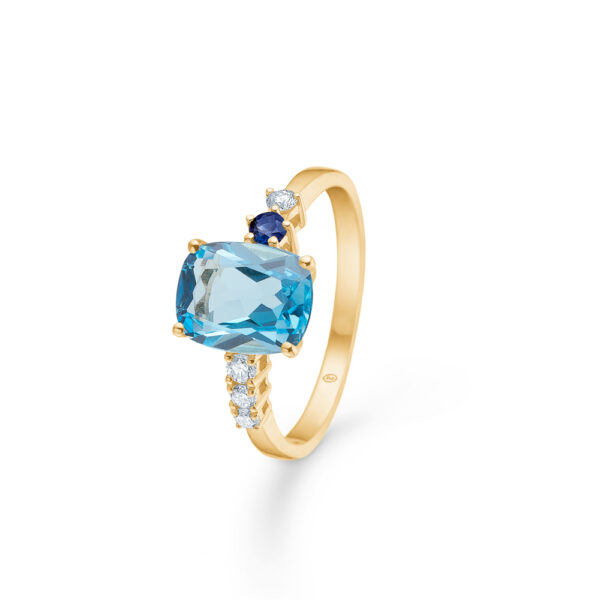 Mads z, Blue felicity, guldring, 14 kt guld, gaveide, nyhed, topas, diamanter, fødselsdagsgave,julegave, forkælelse,