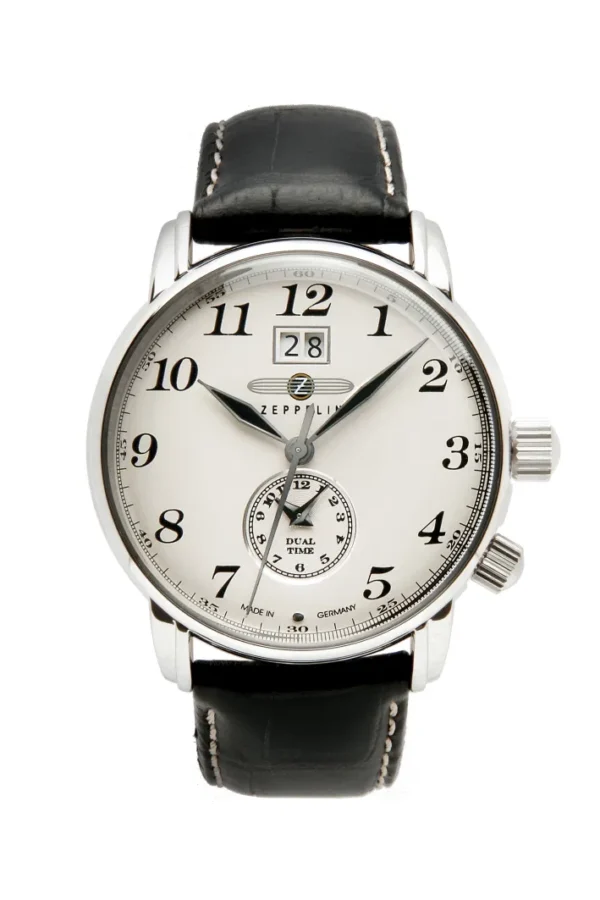 Zeppelin, herreur, læderrem, stål, dato visning, Dual time, made in Germany